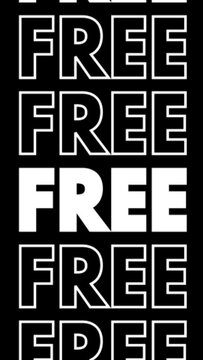 Animated vertical text "Free" with words and expressions, with outline and fill, rising to the top of the screen