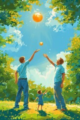 Joyful Father's Day Celebration in the Park - Vector Illustration of Dad Playing with Son & Daughter under Sunny Blue Sky