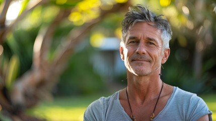 A man with gray hair and a beard wearing a gray shirt sitting in a park with blurred greenery in the background smiling slightly.