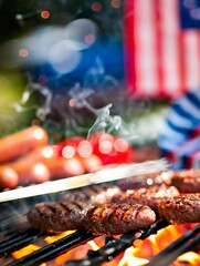 A close-up of a grill with sizzling burgers and hotdogs, surrounded by patriotic decorations, with a blurred background to create space for Independence Day text.