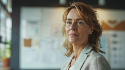 A woman with short blonde hair wearing a light-colored blazer looking off to the side with a thoughtful expression.