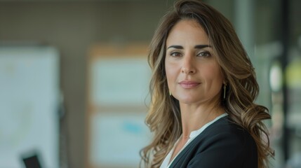 Naklejka premium A poised woman with a warm smile wearing a black blazer and gold earrings standing in a modern office with a whiteboard in the background.