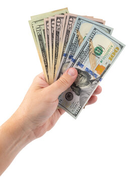 USA American money dollars bills. Man hand holding stack of money. Cash for rent, credit payment. One hundred dollars or 100 dollar bill. United States of America. Bank financing. Isolated background 