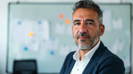 Fototapeta premium A man with a beard and gray hair wearing a blue suit standing in front of a whiteboard with colorful sticky notes.