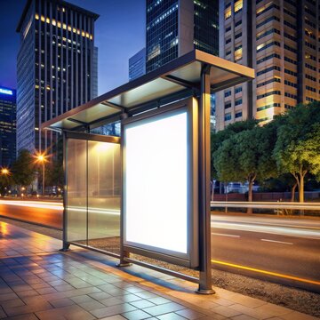 blank billboard on bus stop shelter at night mockup