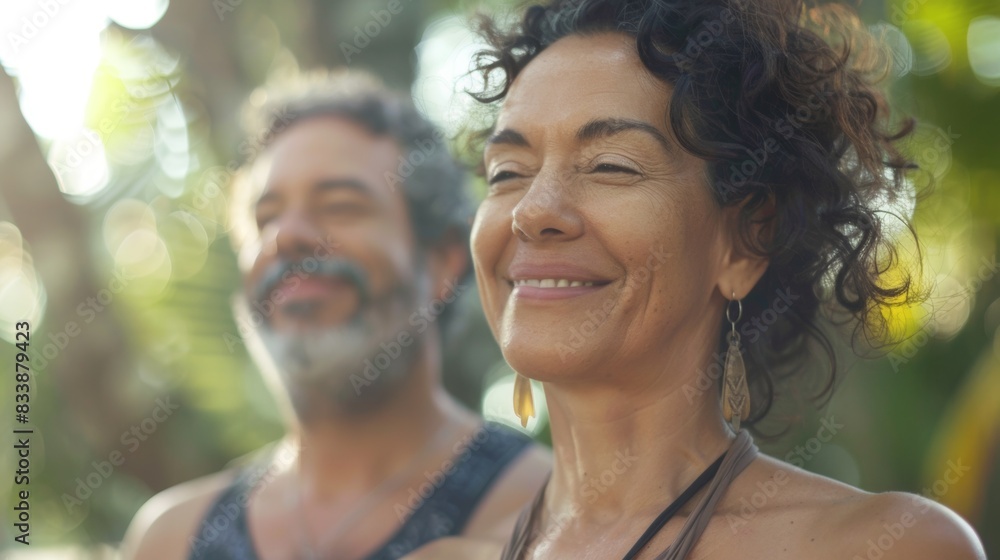 Sticker A smiling woman with curly hair and a man with a beard both looking towards the camera set against a blurred natural background.