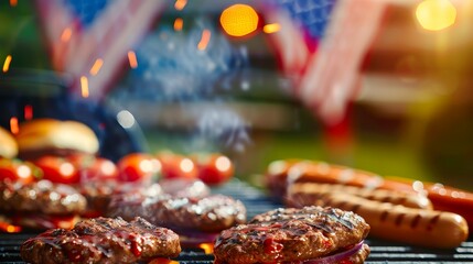 A close-up of a grill with sizzling burgers and hotdogs, surrounded by patriotic decorations, with a blurred background to create space for Independence Day text.