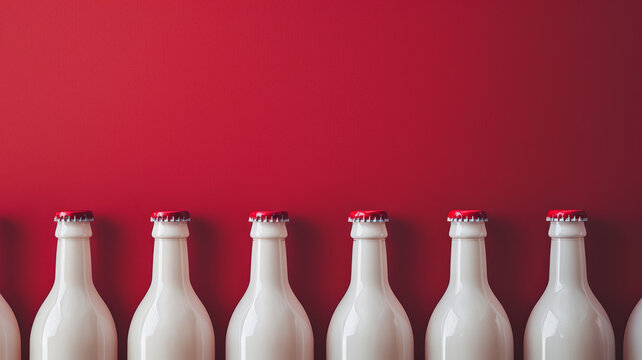 A row of bottles with red caps against a red background.