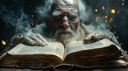 Face of an old in magical robes magically appearing above the pages of an open ancient book. Generative AI.