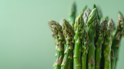 Close-up of a bunch of green asparagus against a pale green backdrop, highlighting its vibrant color and elegant shape. Ideal for themes of fresh produce and healthy eating