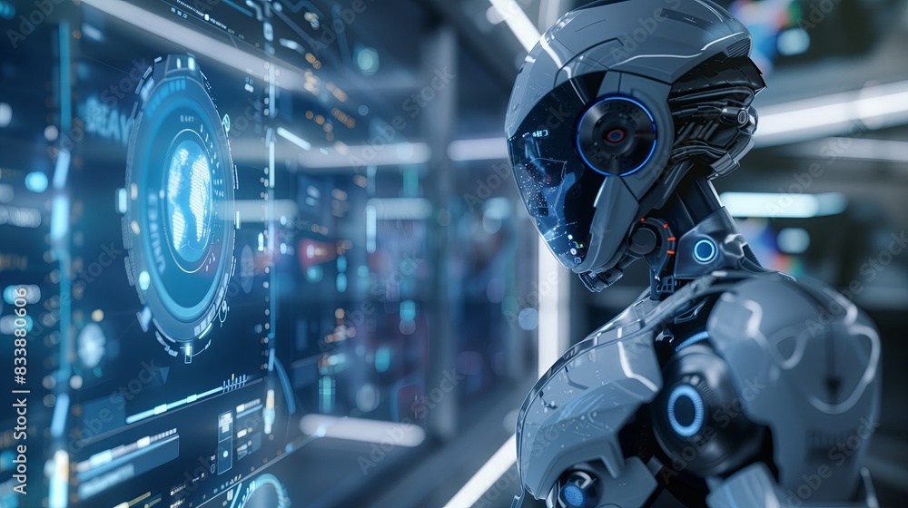 Poster Futuristic robot with advanced artificial intelligence, cybernetic arm, and android features. Digital technology concept, touching hologram interface. Business innovation in