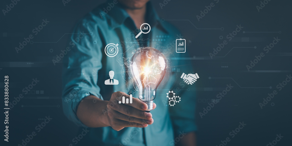 Poster global internet connection,application technology, digital link technology big data, man holding lig