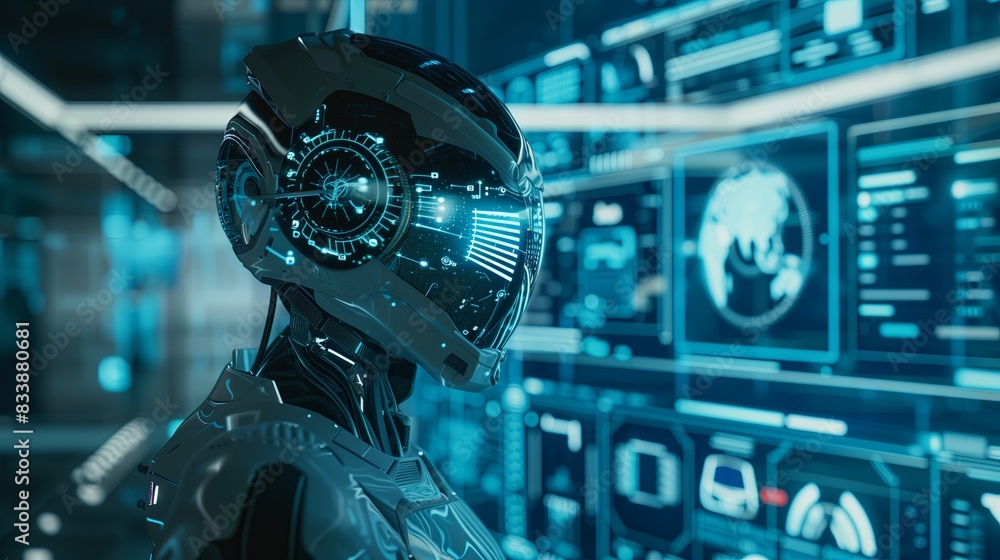 Poster Digital futuristic technology with robot and cyborg, artificial intelligence in blue. Computer system, mechanical hand, modern business concept, cybernetic interface. Data