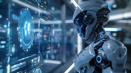 Fototapeta premium Futuristic robot with advanced artificial intelligence, cybernetic arm, and android features. Digital technology concept, touching hologram interface. Business innovation in