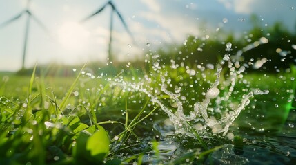 Obraz premium Close-up of vibrant green grass with water splashes and wind turbines in the background on a sunny day. Perfect for themes of nature, renewable energy, and environmental sustainability