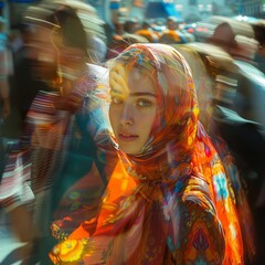 Photograph of a lot of people walking by on the street One very beautiful colorfully dressed woman briefly turns her head, looks at me and smiles mysteriously