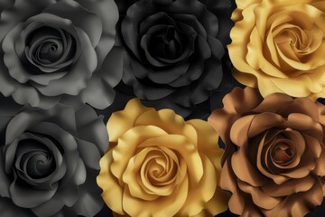 Triptych flowers, yellow and black roses. Floral wallpaper, decor. Floral background