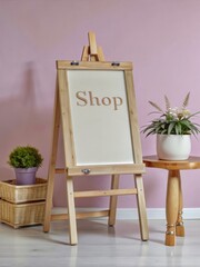 shop sign on an easel mockup, blank signboard stand