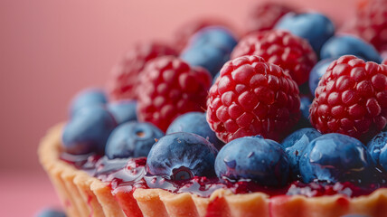 Close-up of a tart topped with raspberries and blueberries.