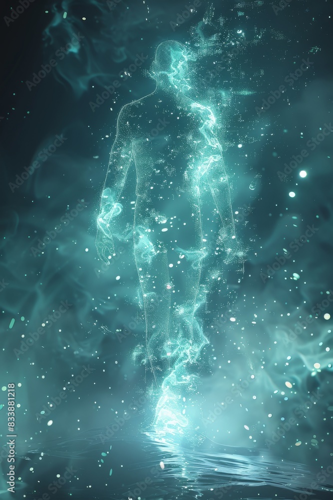 Poster a glowing translucent fluorescent, minimal outline of a human dissolving and disappearing into parti
