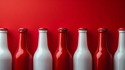 Red and white bottles in an alternating pattern against a red background.