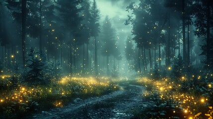 A dark, magical forest scene at night, fireflies twinkling, soft glow amidst the trees, mysterious and captivating, high contrast, hd quality, vibrant hues of green and yellow.