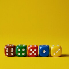 Dices placed in a row on yellow background. Dice in a row different colors with shadow 