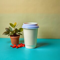 realistic blank mock up paper cups with plastic lid. Coffee to go, take out mug.