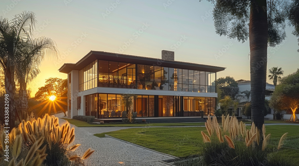 Aufkleber distant external view of the front facade of a modern farm hotel with contemporary. generative ai.
