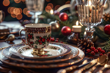 Fototapeta premium A set of fine china with a blue cup and saucer placed on top of a white plate