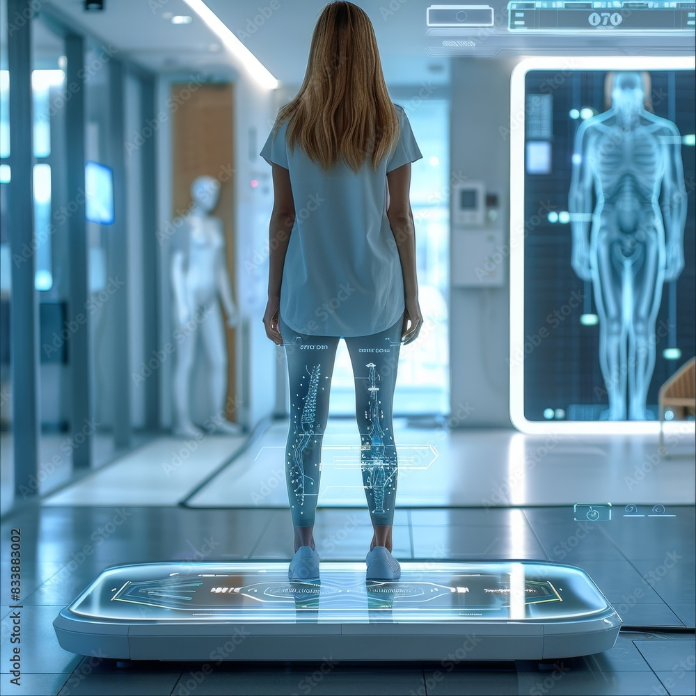 Aufkleber A woman standing on a human Weighing Scale showing a full body scan on a hologram in a photo realistic, High resolution scene. Generative AI.