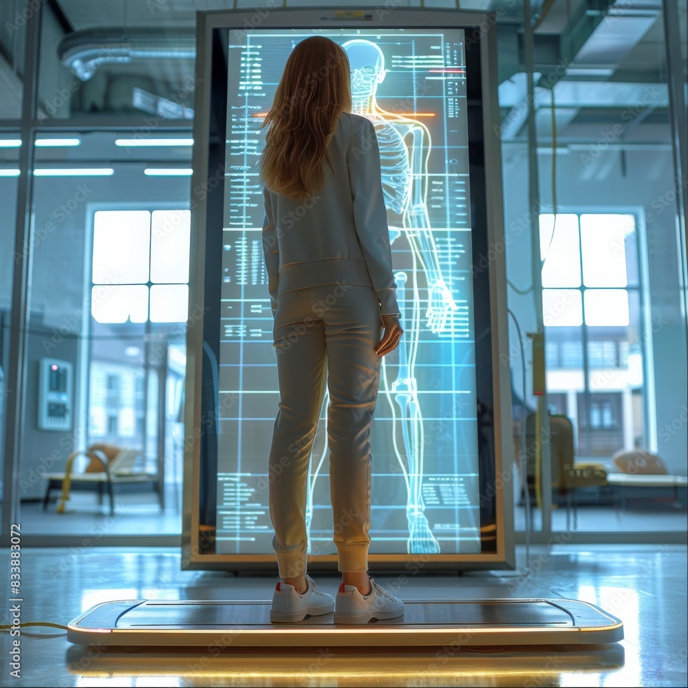 Aufkleber a woman standing on a human weighing scale showing a full body scan on a hologram in a photo realist
