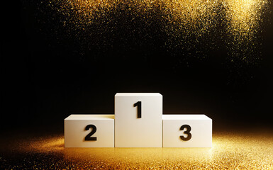 Empty Winners podium with 3 places. Luxury background with golden confetti