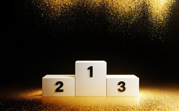 Empty Winners podium with 3 places. Luxury background with golden confetti