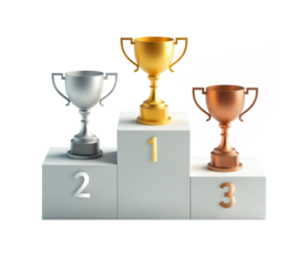 Winners podium with 3 cups, gold, silver and bronze. Png, isolated background