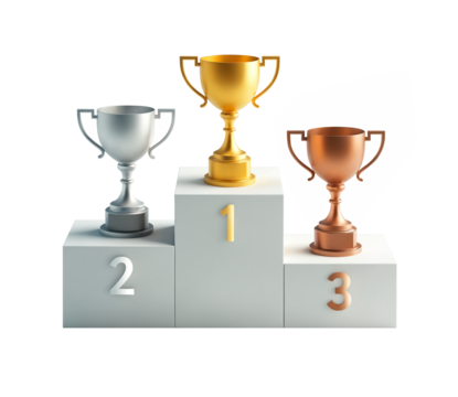 Winners podium with 3 cups, gold, silver and bronze. Png, isolated background