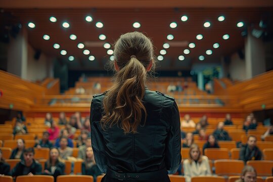 Confident speaker at a lecture hall. A woman addresses an attentive audience, conveying leadership and educational themes, ideal for academic and corporate use