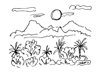Sketch of tropical landscape with palms.Vector illustration	