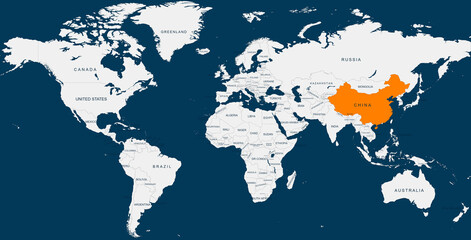 china map.Geographical map of china with world map highlighted.