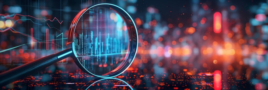 Magnifying glass analyzing data charts. Modern image depicting data analysis and market research concept. Ideal for financial, academic, and business presentations.