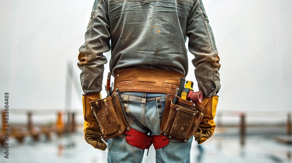 Poster a construction worker from the waist down, wearing a hard hat and carrying tools. the worker is depi