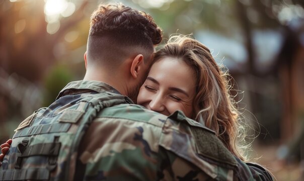 Rear view of a young male soldier in the garden outside his home, holding close his young female partner. AI