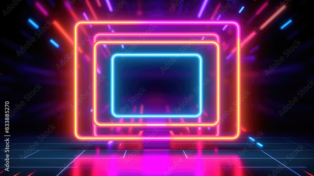 Poster futuristic neon light portal in a reflective surface. luminous neon light portal with square shape w