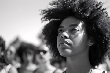 Black lives matter - a black and white photo of a girl with afro hair style looking meaningful in the distance. 