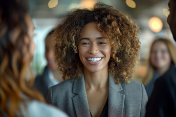 Confident woman engaging in conversation with colleagues. Shows a professional setting, ideal for business networking, teamwork, and positive office dynamics portrayed.