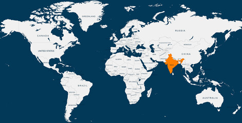 india map.Geographical map of india with world map highlighted.