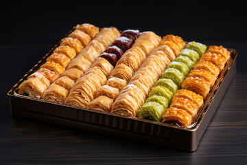 Large assortment of baklava on a tray.
