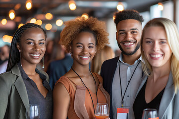 Diverse professionals networking at corporate event. A suitable image for emphasizing diversity, inclusion, and networking in business environments. For corporate materials and marketing campaigns.