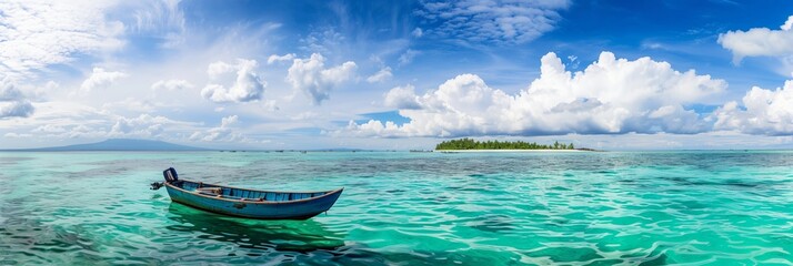 Island escape:  a boat awaits in turquoise waters