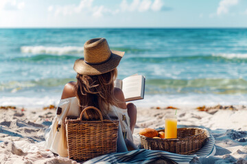 A relaxed woman sitting on the beach reading a book, embodying the summer relaxation concept.